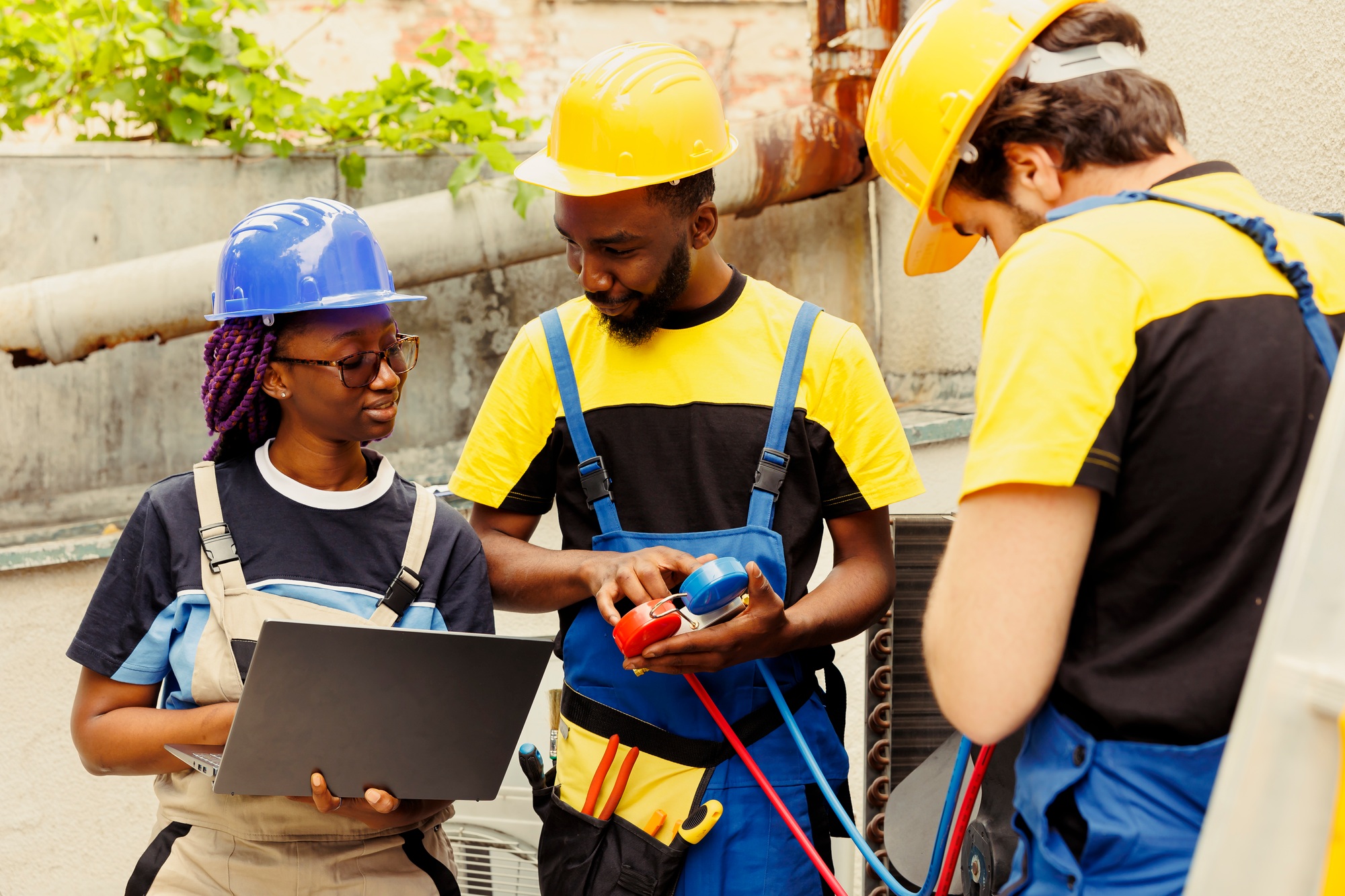 Happy engineers checking freon level